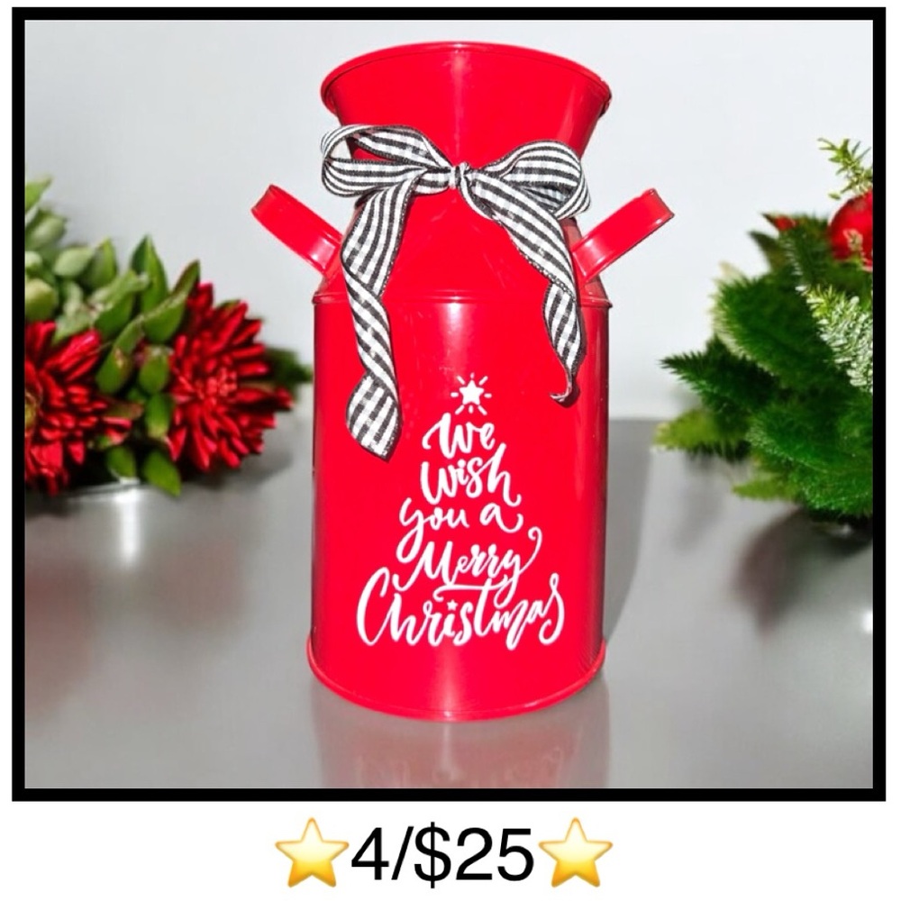 We Wish You a Merry Christmas Farmhouse Milk Can w/Handles & Checkered Bow, Red